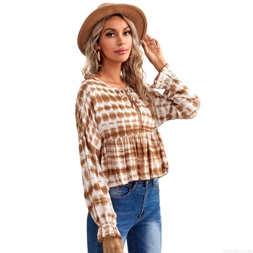Women Bohemian Sexy Tie-Dye V-Neck Blouse With Drawstring Ruffled Hem Long Sleeve Dropped Shoulder Viscose Shirt Top For Summer Vacation