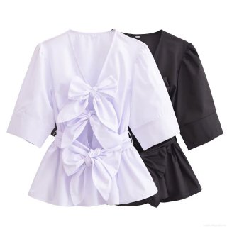 Women's V-Neck Bow Tie Front Short Sleeve Blouse Peplum Hem Summer Casual Solid Color Streetwear Top Elegant Soft Polyester Fashion Shirt