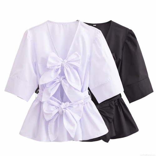 Women's V-Neck Bow Tie Front Short Sleeve Blouse Peplum Hem Summer Casual Solid Color Streetwear Top Elegant Soft Polyester Fashion Shirt