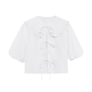 Women's Elegant Lace Embroidery Short Sleeve Blouse 100% Polyester Peter Pan Collar Bow Tie Front Top For Summer Party Streetwear