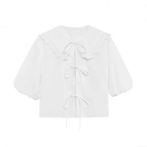 Women's Elegant Lace Embroidery Short Sleeve Blouse 100% Polyester Peter Pan Collar Bow Tie Front Top For Summer Party Streetwear