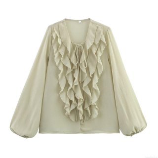 Women's Sexy V Neck Layered Ruffle Chiffon Blouse Elegant Tie Front Semi Transparent Pleated Long Sleeve Top Casual Streetwear Fashion Shirt