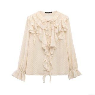 Women's Elegant Swiss Dot Chiffon Blouse Retro Ruffle Trim Tie Neck Long Sleeve Blouse Top Office Daily Party Wear Shirt