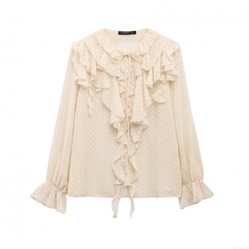 Women's Elegant Swiss Dot Chiffon Blouse Retro Ruffle Trim Tie Neck Long Sleeve Blouse Top Office Daily Party Wear Shirt