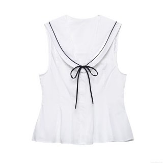 Women's Sleeveless Peplum Top Bow Tie Sailor Collar Woven Polyester Summer Blouse Preppy Style Navy Shirt For Women