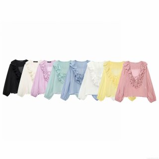 Women's Elegant V-Neck Ruffle Chiffon Blouse Long Sleeve Tie Neck Loose Fit Solid Color Shirt for Spring Summer Streetwear Fashion Lady Top