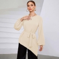 Women's Elegant 100% Polyester Blouse With Irregular Hem And Belted Waist Lantern Sleeve Round Neck Solid Color Shirt For Office Daily Wear