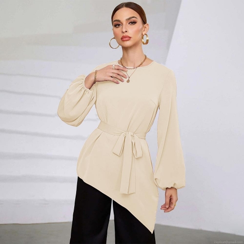 Women's Elegant 100% Polyester Blouse With Irregular Hem And Belted Waist Lantern Sleeve Round Neck Solid Color Shirt For Office Daily Wear