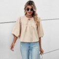 Women's Sweet 100% Cotton Puff Sleeve Blouse With Bow Tie Neckline Loose Casual Boho Summer Top For Women