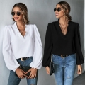 Women's V Neck Ruffle Long Sleeve Blouse Elegant Polyester Spandex Puff Sleeve Loose Casual Top For Office Daily Wear Solid Color Chic Work Shirt