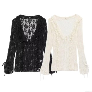 Women's V Neck Hollow Out Lace Blouse Top Long Bell Sleeve Ruffle Bow Tie Transparent Shirt For Streetwear Party Elegant Solid Color Polyester Lady Clothing