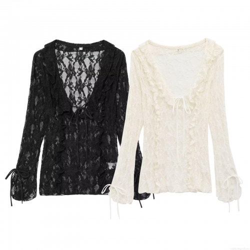 Women's V Neck Hollow Out Lace Blouse Top Long Bell Sleeve Ruffle Bow Tie Transparent Shirt For Streetwear Party Elegant Solid Color Polyester Lady Clothing