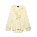 Women's V-Neck Ruffle Tie Blouse Long Sleeve Solid Color Streetwear European Style Pale Yellow Polyester Loose Shirt Top