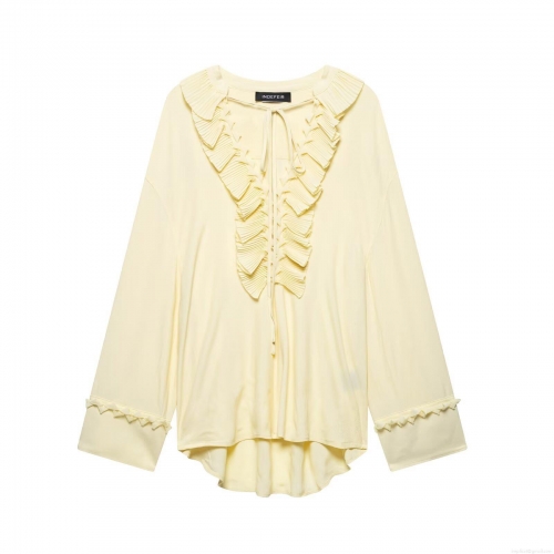 Women's V-Neck Ruffle Tie Blouse Long Sleeve Solid Color Streetwear European Style Pale Yellow Polyester Loose Shirt Top