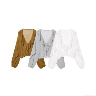 Women's V Neck Ruffle Long Sleeve Blouse Polyester Solid Color French Retro Drawstring Tie Shirt Top For Daily Dating Street Fashion