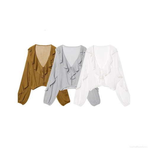 Women's V Neck Ruffle Long Sleeve Blouse Polyester Solid Color French Retro Drawstring Tie Shirt Top For Daily Dating Street Fashion