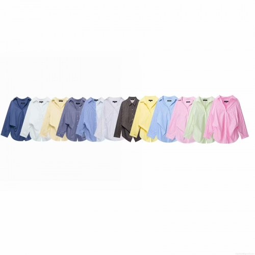 Women's European Style Lapel Long Sleeve Striped Shirt Polyester Casual Button Down Blouse Top With Chest Pocket