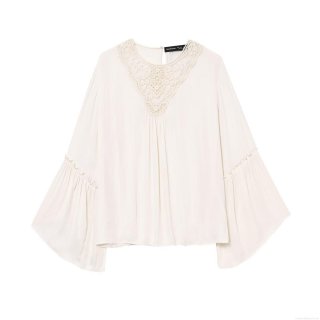 Women V Neck Lace Patchwork Blouse Flare Sleeve Pleated Pullover Shirt Elegant Solid Color Long Sleeve Top For Summer Spring Office Daily Casual