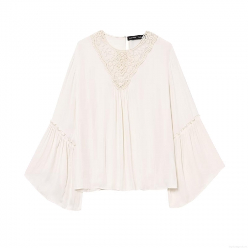 Women V Neck Lace Patchwork Blouse Flare Sleeve Pleated Pullover Shirt Elegant Solid Color Long Sleeve Top For Summer Spring Office Daily Casual