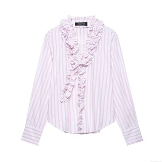 Women's Ruffle Trim Striped Blouse V Neck Long Sleeve Polyester Shirt For Daily Casual Streetwear Fashionable 2025 Spring Tops