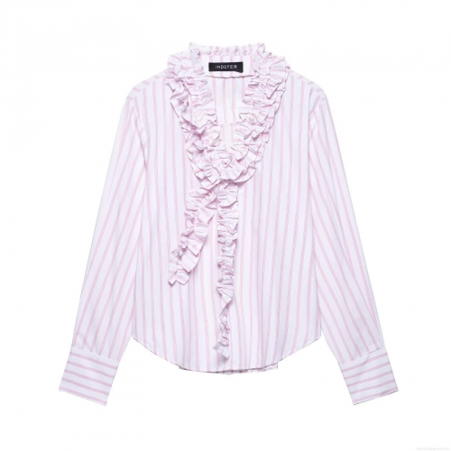 Women's Ruffle Trim Striped Blouse V Neck Long Sleeve Polyester Shirt For Daily Casual Streetwear Fashionable 2025 Spring Tops