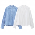 Women's Ruffled Stand Collar Long Sleeve Shirt Polyester Pleated Button Down Striped Plain Blouse Casual Office Streetwear Tops