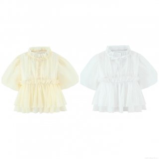 Women's Summer Short Sleeve Blouse Polyester Stand Collar Puff Sleeve Ruffle Single Breasted Slim Fit Casual Streetwear Top for Women