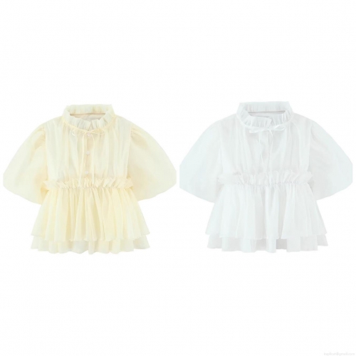 Women's Summer Short Sleeve Blouse Polyester Stand Collar Puff Sleeve Ruffle Single Breasted Slim Fit Casual Streetwear Top for Women