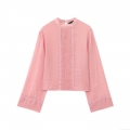 Women's Elegant Pleated Lace Trim Blouse Round Neck Long Sleeve Polyester Pullover Shirt Casual Solid Peach Pink Top For Ladies