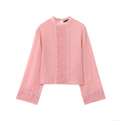 Women's Elegant Pleated Lace Trim Blouse Round Neck Long Sleeve Polyester Pullover Shirt Casual Solid Peach Pink Top For Ladies