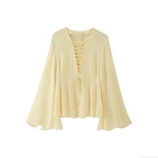 Women's Fashion V-Neck Lace-Up Chiffon Blouse Elegant Long Bell Sleeve Pullover Shirt Solid Color Summer Casual Streetwear Top For Ladies