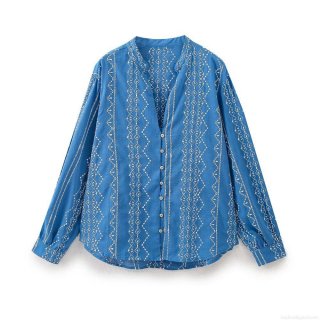 Women's Casual Blue Cotton Blend Embroidered Shirt Loose Fit Long Sleeve V-Neck Button Down Blouse With Geometric Pattern For Summer Streetwear