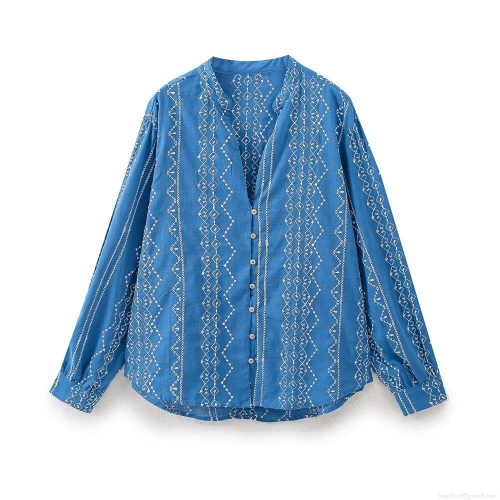 Women's Casual Blue Cotton Blend Embroidered Shirt Loose Fit Long Sleeve V-Neck Button Down Blouse With Geometric Pattern For Summer Streetwear