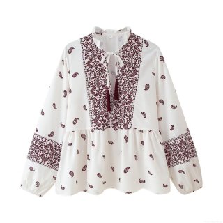 Women's Bohemian Paisley Print V-Neck Blouse Tassel Tie Long Sleeve Polyester Casual Shirt Loose Fit Streetwear Top For Women