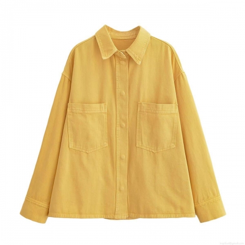 Women's Casual Solid Color Loose Long Sleeve Shirt Jacket Single Breasted Lapel Blouse With Pockets Streetwear Fashion Shacket Top