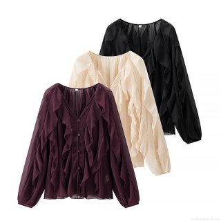 Women's Elegant Chiffon Tiered Ruffle Blouse V-Neck Long Sleeve Bow-Tie Single-Breasted Loose Fit Polyester Shirt Summer Streetwear Top