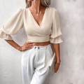 Women's Elegant V-neck Puff Sleeve Crop Top Backless Bow Tie Blouse Solid Color Slim Fit Polyester Shirt for Summer Daily Fashion