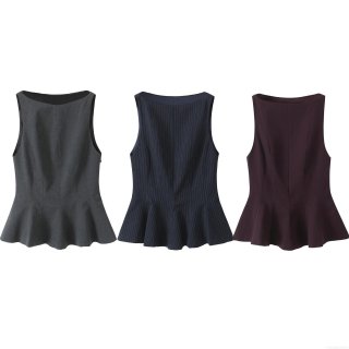 Women's Sleeveless Peplum Top Round Neck Slim Fit Summer Blouse Elegant Office Casual Solid Striped Sleeveless Shirt Polyester Woven Top For Women