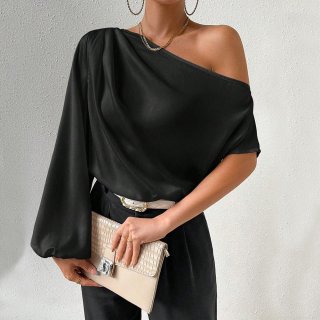 Elegant Women Satin One Shoulder Blouse Sexy Asymmetric Slash Neck Long Sleeve Top Loose Fit Solid Color Shirt For Party Cocktail Work Office Lady
