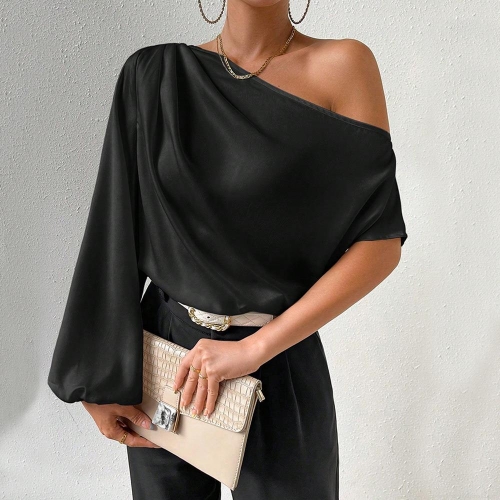 Elegant Women Satin One Shoulder Blouse Sexy Asymmetric Slash Neck Long Sleeve Top Loose Fit Solid Color Shirt For Party Cocktail Work Office Lady