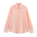 Women's Long Sleeve Lapel Shirt Textured Polyester Fabric Gold Trim Buttons Loose Fit Casual Street Style Solid Peach Pink Lightweight Button Down Blouse Top