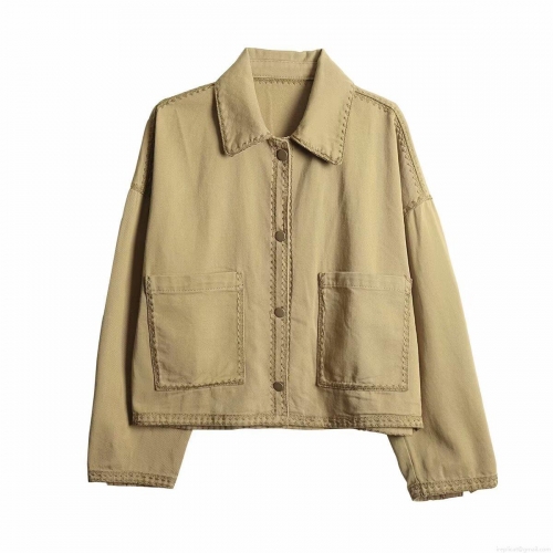 Women's Casual Twill Cotton Shirt Jacket Autumn Lapel Long Sleeve Single Breasted Shacket Big Pockets Decorative Stitching Streetwear Top For Women