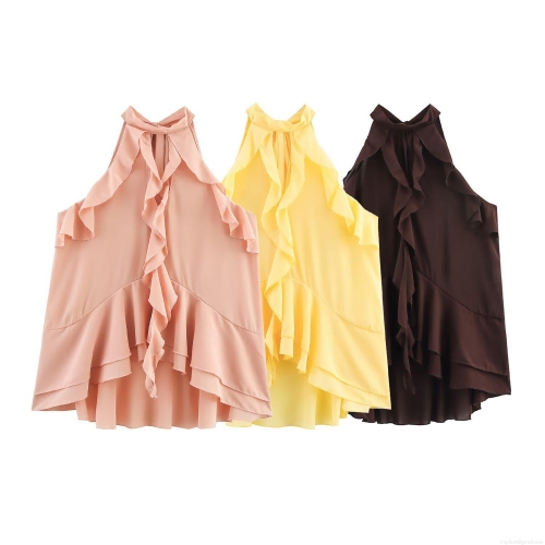 Women's Summer Asymmetric Ruffle Layered Halter Neck Sleeveless Top Casual Polyester Chiffon Blouse Fashion Streetwear Shirt For Ladies Girls