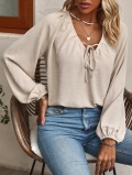 Women's V Neck Tie Front Chiffon Blouse Casual Relaxed Fit Raglan Long Sleeve Smocked Cuff Textured Top for Daily Vacation