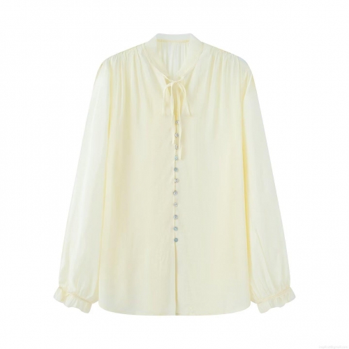 Women's Tie Neck Long Sleeve Button Up Chiffon Blouse Casual Loose Fit Office Work Shirt Elegant Solid Color Soft Polyester Top for Women Ladies