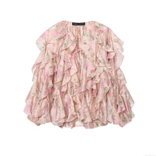 Women's Elegant Pink Floral Ruffle Chiffon Blouse Long Sleeve V Neck Tie Front Top Romantic Multi Layered Ruffle Streetwear Shirt For Daily Party Ladies