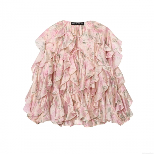 Women's Elegant Pink Floral Ruffle Chiffon Blouse Long Sleeve V Neck Tie Front Top Romantic Multi Layered Ruffle Streetwear Shirt For Daily Party Ladies