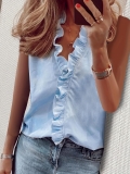 Women's Elegant V Neck Sleeveless Chiffon Blouse With Wood Ear Ruffle Edges Summer Solid Color Commute Tank Top For Women