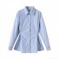 Women Elegant Light Blue Long Sleeve Button Down Shirt Pleated Slim Fit Blouse 2025 Summer Western Style Office Commute Casual Tops