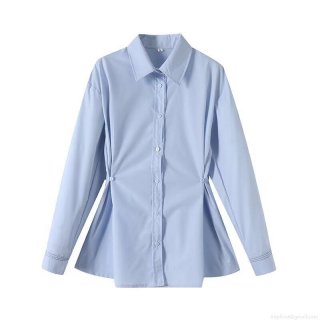 Women Elegant Light Blue Long Sleeve Button Down Shirt Pleated Slim Fit Blouse 2025 Summer Western Style Office Commute Casual Tops